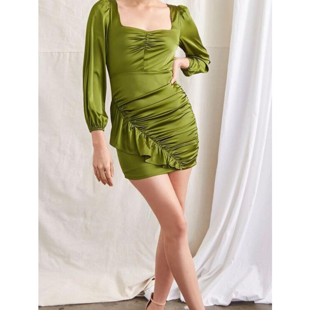 New Forever 21 Satin Ruched Mini Dress Women's Large Green Sexy Event Wedding